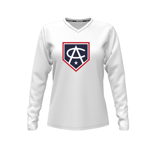 [CUS-DFW-TEES-PER-VNK-LSL-WHT-FYXS-LOGO3] Decker Performance T-Shirt (Female Youth XS, White, V Neck, Logo 3, Long Sleeve)