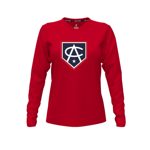 [CUS-DFW-TEES-PER-VNK-LSL-RED-FYXS-LOGO3] Performance T-Shirt (Female Youth XS, Red, V Neck, Logo 3, Long Sleeve)